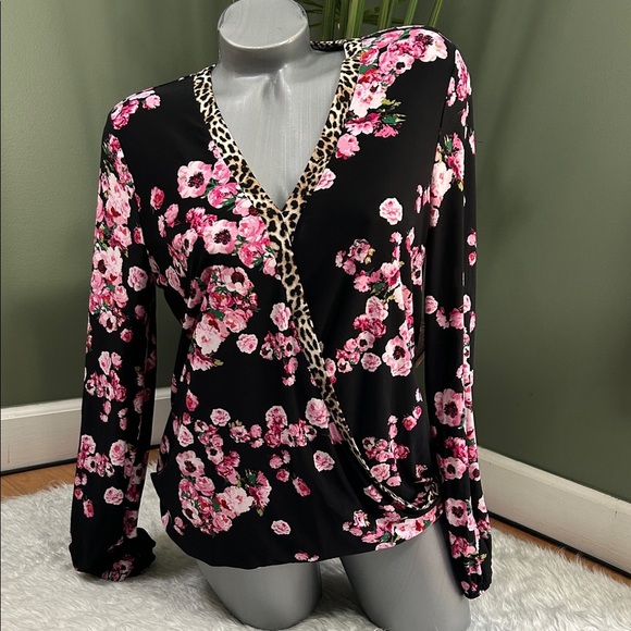 INC International Concepts Tops - INC International Concepts Black Floral Blouse with Leopard Trim